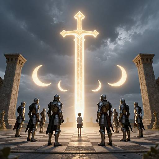 Photorealistic CGI: Silhouetted armored knights with helmets face a glowing, celestial cross and crescent moons, under a cloudy sky, with