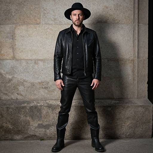 Photograph of a bearded man in black leather jacket, black shirt, pants, boots, and wide-brimmed hat, standing against a textured