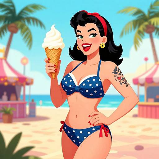 Digital cartoon of a smiling, curvy woman with black hair, red headband, yellow earrings, blue polka dot bikini, holding a ice cream