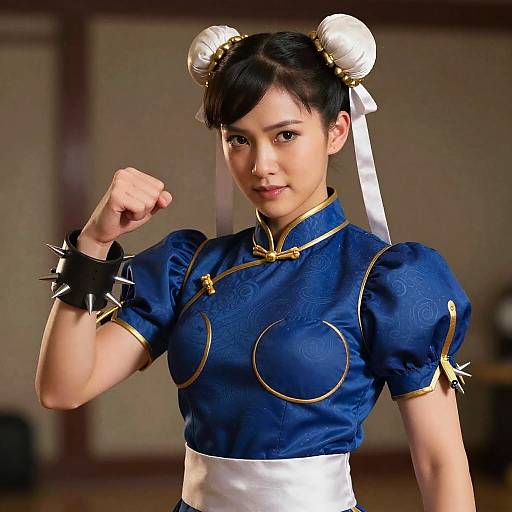 Photograph of an Asian woman with black hair in white buns, wearing a blue cheongsam with gold trim, white sash, and spiked