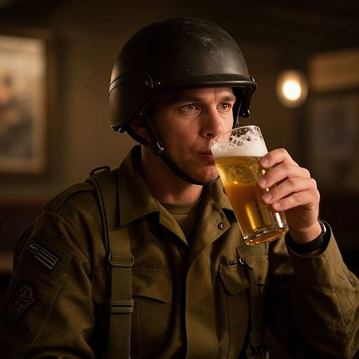 Photograph of a male soldier in a black helmet, sipping a foamy beer in a dimly lit bar, wearing olive-green uniform with patches