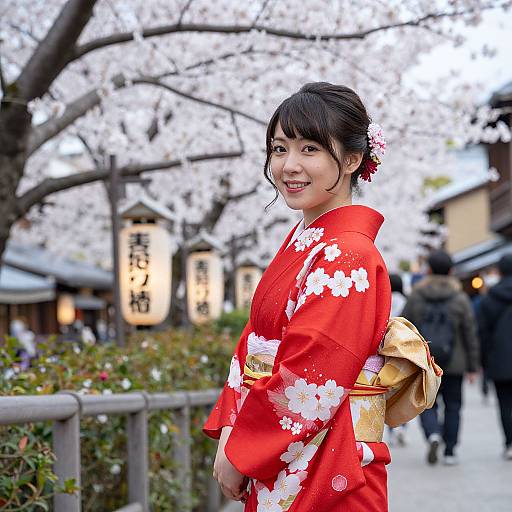 Photograph of a smiling Japanese woman in a vibrant red kimono with white floral patterns, standing outdoors under cherry blossom trees.