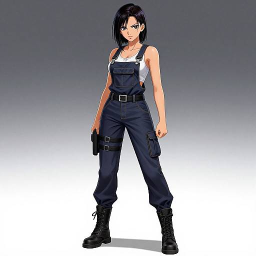 Digital anime-style drawing of a strong, black-haired woman in dark blue overalls, white tank top, black boots, and holding a gun, standing