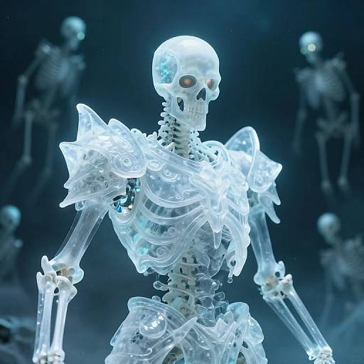 Glowing, translucent, futuristic skeleton with intricate, swirling armor details against a dark, starry background. CGI art with a sci-fi theme.