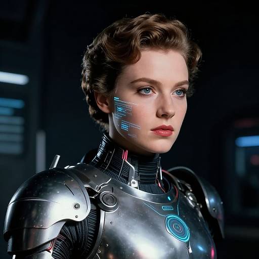 Photorealistic CGI of a fair-skinned, blue-eyed woman with wavy brown hair, wearing futuristic metallic armor with glowing blue patterns, in a