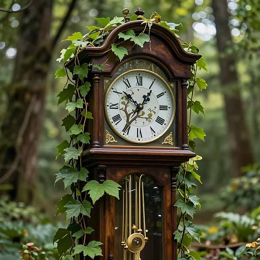 Photograph of an antique wooden grandfather clock with ivy vines, Roman numerals, black hands, and ornate gold accents, set in a lush