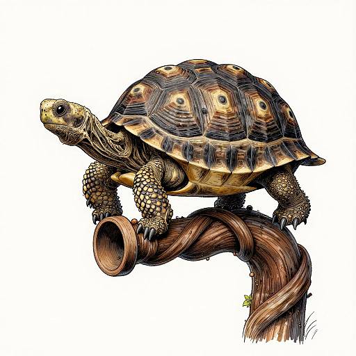 Detailed, colored digital drawing of a textured turtle with brown and yellow patterned shell, perched on a twisted, brown tree branch.