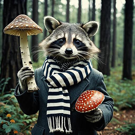 Raccoon in Scarf Holding Amanita Mushrooms