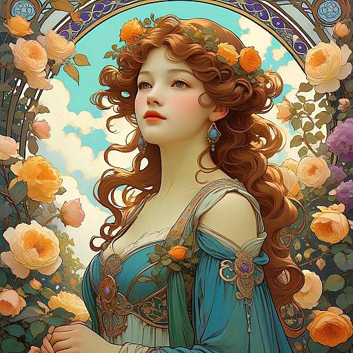 Art Nouveau Woman in Rose Garden