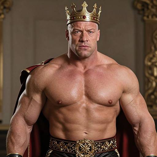 Photograph of a muscular, bald, fair-skinned man wearing a gold crown and ornate red cape, showcasing his defined chest and abs, in