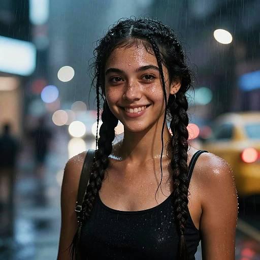 Neon Rain: Smiling Woman with Braids