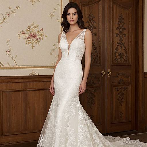 Photograph of a dark-haired woman in a white lace, deep V-neck, mermaid-style wedding dress, standing in an elegant room with floral wallpaper