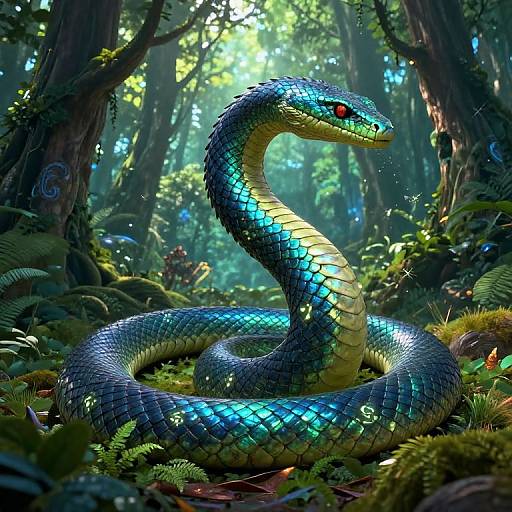 Digital artwork of a vibrant, iridescent blue and yellow snake coiled in a sunlit, lush forest, surrounded by ferns and moss.