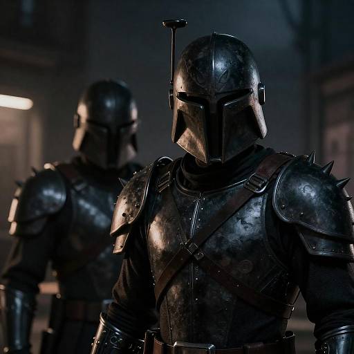 Armored Figures in Shadowy Urban Scene