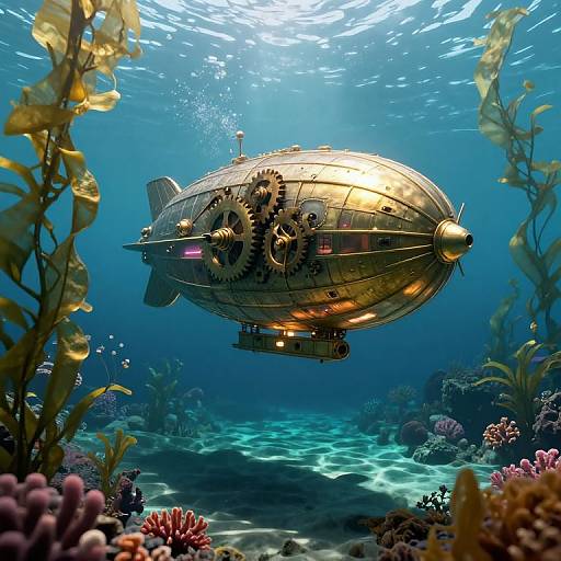 Brass Airship Soaring Through Kelp Forest