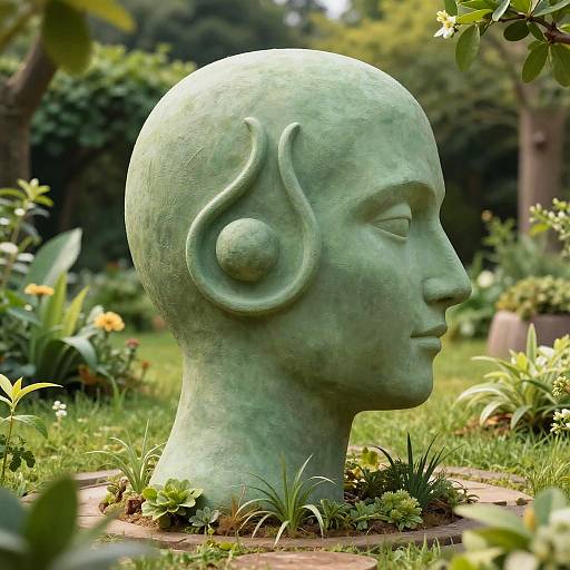 Photograph of a green bronze head sculpture with ear finials, set in a lush garden with vibrant flowers and grass.