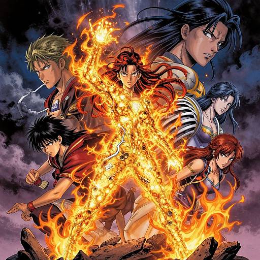 Digital anime artwork of six fierce warriors with glowing fire, dark and intense expressions, and vibrant hair colors, standing in a dramatic, smoky background.