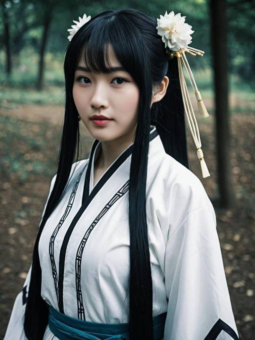 Woman in Traditional Asian Costume with Floral Hair Accessory