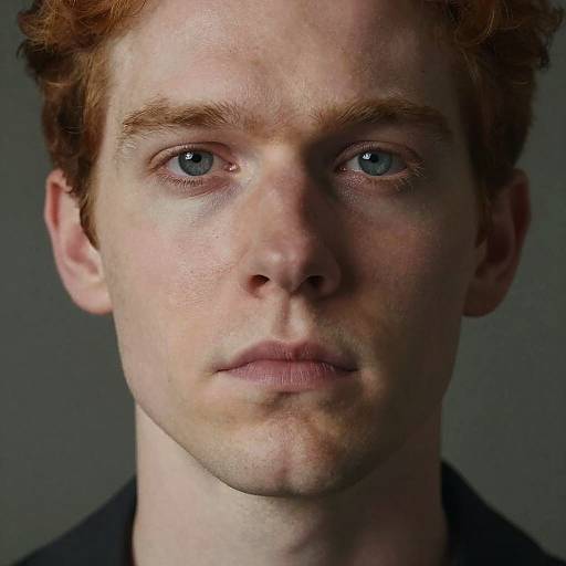 Close-up photograph of a young, fair-skinned man with red curly hair, blue eyes, and light freckles, wearing a black shirt,