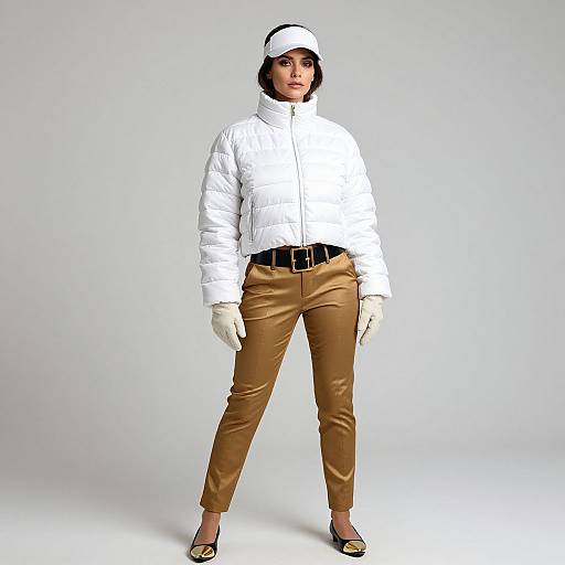 Photograph of a woman in a white puffer jacket, brown trousers, white gloves, black belt, white cap, and open-toed heels.