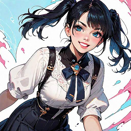 Digital anime-style drawing of a smiling girl with blue eyes, black pigtails, wearing a white blouse, black bow, and black pinafore