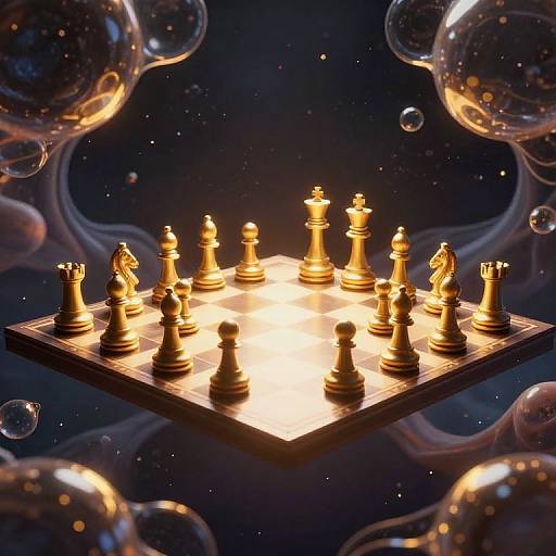 Photorealistic digital image of glowing chessboard with golden pieces, surrounded by floating, translucent bubbles against a dark, starry background.