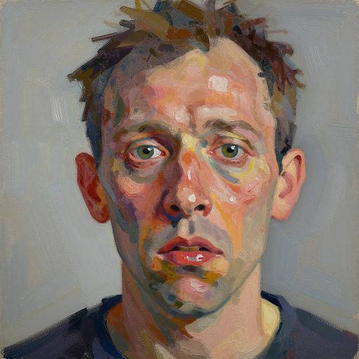 Digital painting of a Caucasian man with short brown hair, green eyes, and a neutral expression, rendered in vibrant, expressive brushstrokes.