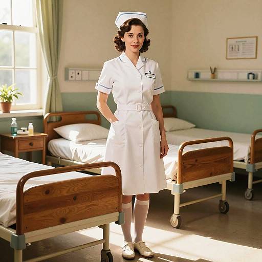 Photograph of a vintage-style nurse in a white uniform and cap, standing in a sunlit hospital room with wooden beds.