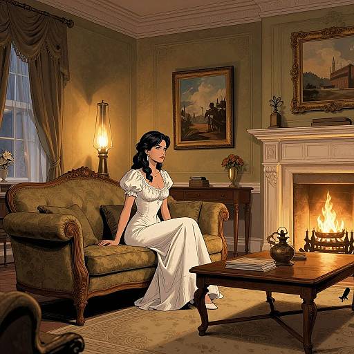 Digital illustration of a dark-haired woman in a white gown sitting on a vintage green sofa by a lit fireplace in an elegant, dimly-lit living