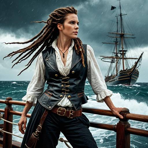 Confident Pirate on Stormy Ship Deck