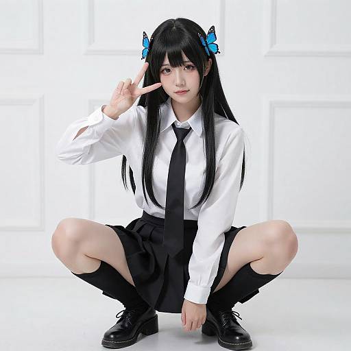 Anime Cosplayer Squatting Peace Sign