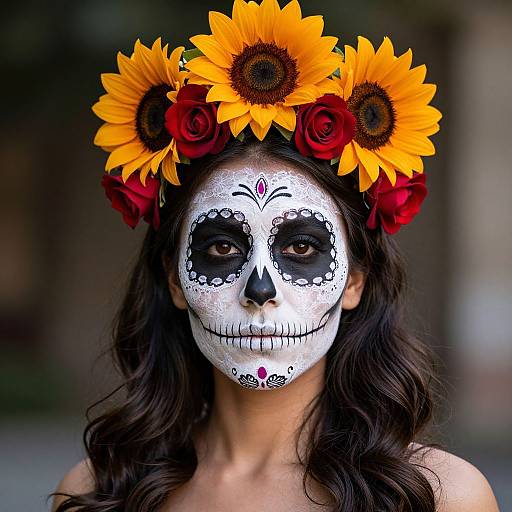 Photograph of a woman with white sugar skull face paint, black eye sockets, and black nose, wearing a sunflower and red rose crown, with