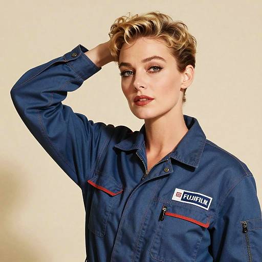 Photograph of a blonde woman with short, styled hair, wearing a dark blue work uniform with 