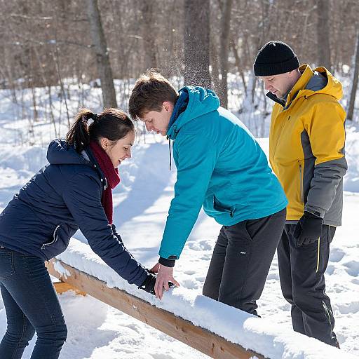 Photograph of three people in winter clothing, shoveling snow off a wooden beam in a snowy forest, smiling and working together.