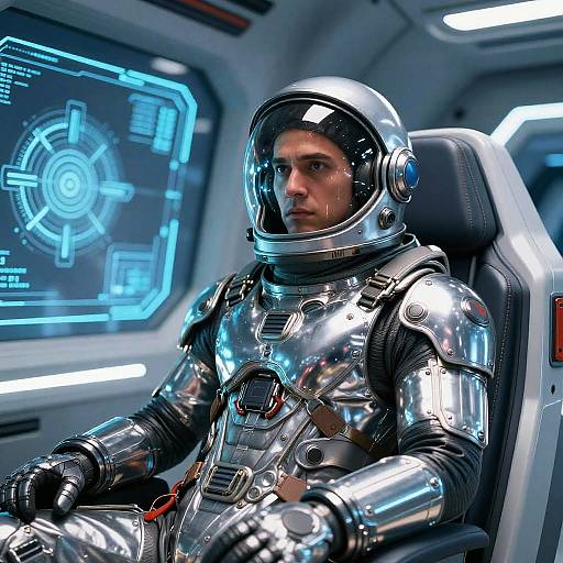 Photorealistic CGI of a serious male astronaut in a shiny, metallic space suit with a clear helmet, seated in a futuristic spaceship cockpit with a blue