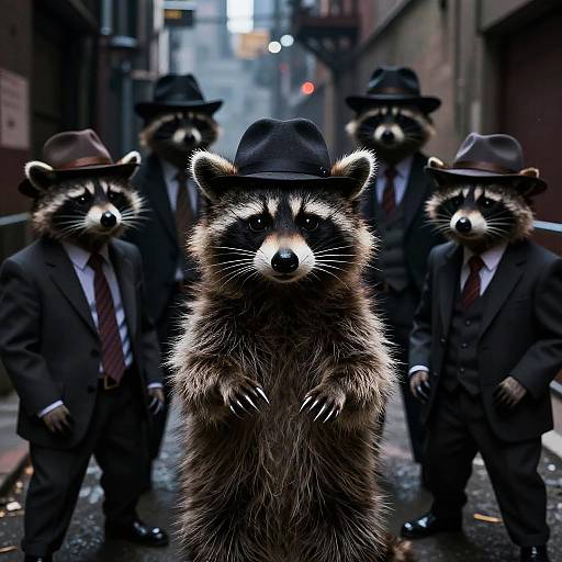 Photograph: Five raccoons in black suits and hats stand in a rainy urban alley, with the central raccoon front and center.