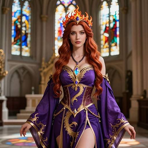 Digital art of a red-haired queen with a fiery crown, wearing an ornate purple and gold gown, standing in a colorful stained-glass cathedral.