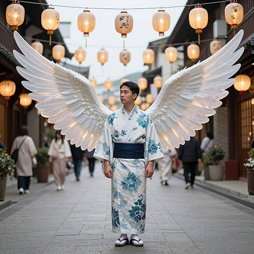 Photograph of an Asian man in a white floral kimono with large white angel wings, standing on a traditional Japanese street at dusk, surrounded by hanging