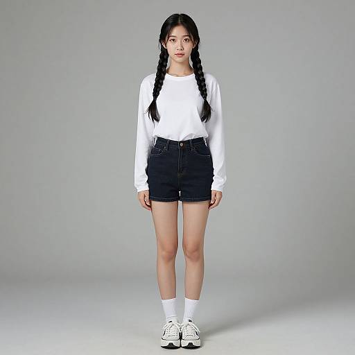 Young Asian woman with long braided black hair, wearing a white long-sleeve shirt, black high-waisted shorts, white socks, and