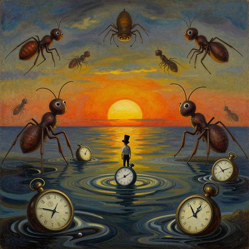 Digital surreal painting: Small figure with hat stands on clock face in water, surrounded by giant ants and floating clocks at sunset.