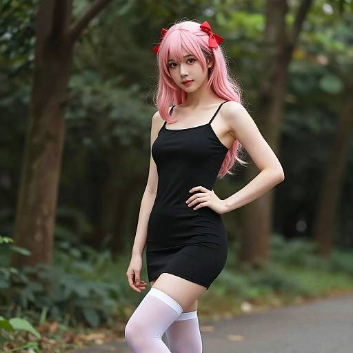 Photograph of an Asian woman with pink hair, red ribbons, black sleeveless dress, and white thigh-high stockings, standing in a forest.