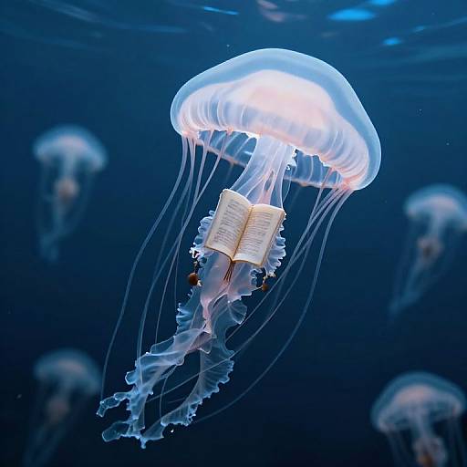 Photograph of a glowing jellyfish with translucent, umbrella-like top and delicate tentacles, floating in deep blue ocean water, holding an open book with