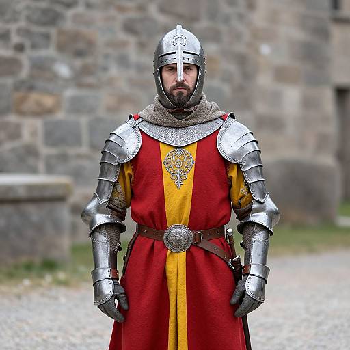 Photograph of a bearded man in medieval knight armor with a silver helmet, red and yellow tunic, standing in front of a stone wall.