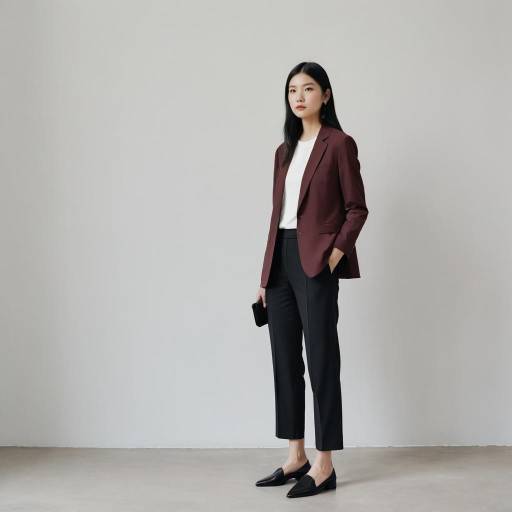 Stylish Woman in Tailored Maroon Blazer and Black Trousers