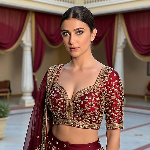 Digital illustration of a beautiful woman with dark hair in an elegant maroon and gold traditional Indian outfit, standing in a luxurious, draped, red and gold