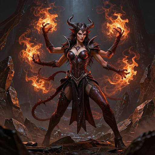 Digital fantasy artwork of a muscular, horned demoness with six arms, wielding fiery orbs. She wears dark, armored attire in a rocky, hell