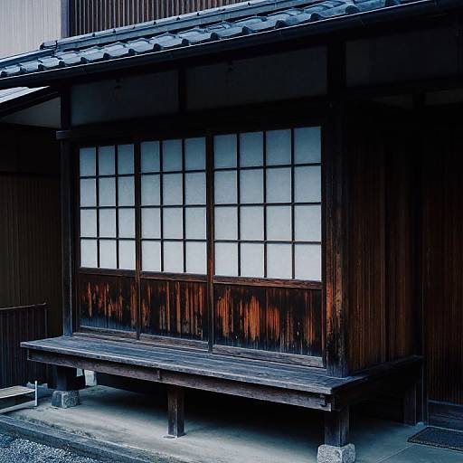 Photograph of traditional Japanese wooden building with dark brown wood panels, large grid-patterned white windows, and a simple wooden bench in front.