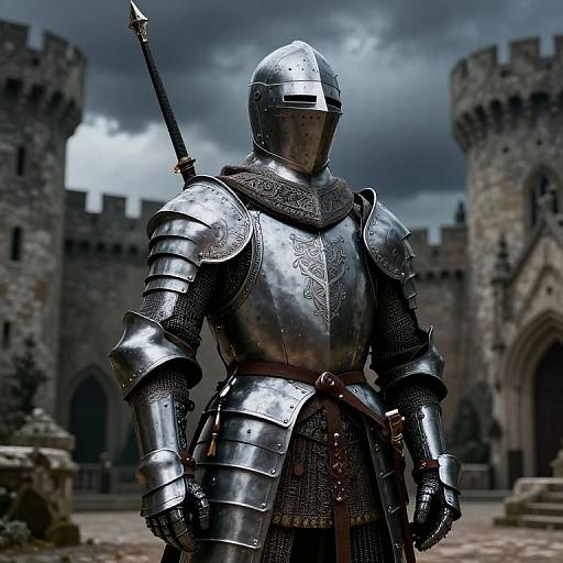 Photograph of a medieval knight in shiny, ornate steel armor with a helmet, standing in front of a castle with stormy skies.