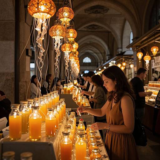 Photograph of a woman in a brown dress lighting candles in a warmly lit, arched indoor market with hanging lanterns and jars of glowing candles.