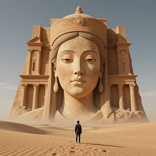 CGI image of a giant, detailed sandstone temple with a serene, massive female face, standing in the foreground, a small figure in black stands